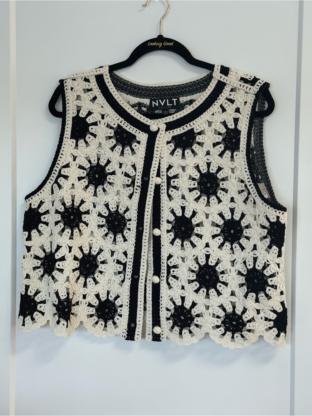 NVLT Black & Cream Crochet Button-Front Vest
